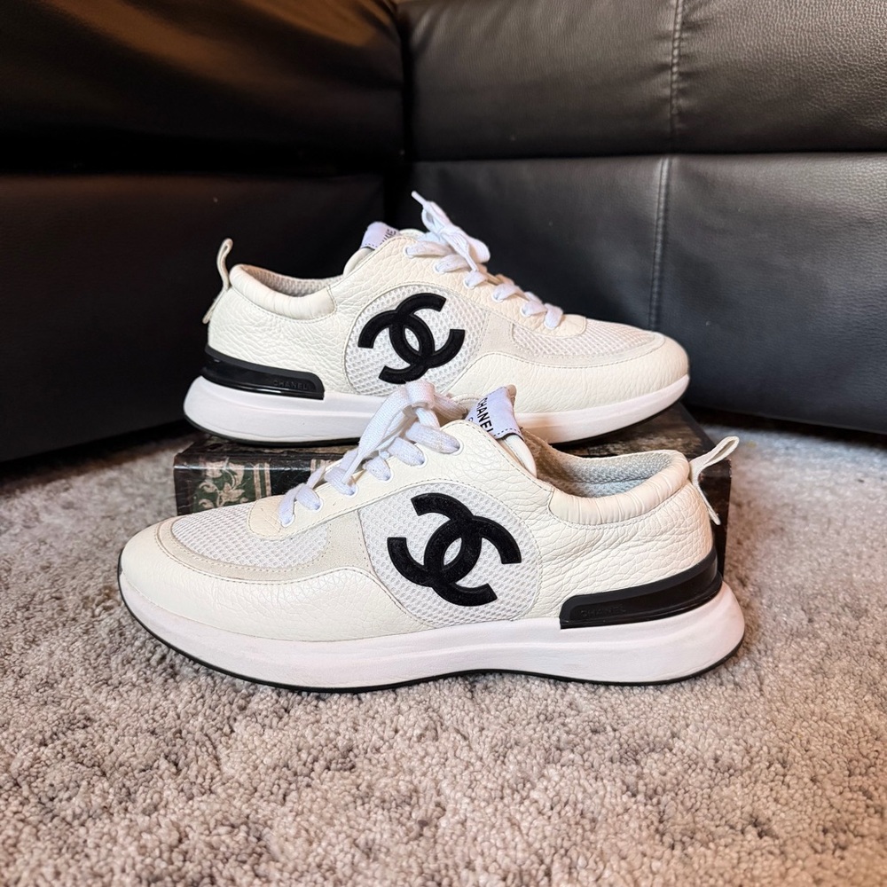 CHANEL Ivory Calfskin Suede Sneakers 42